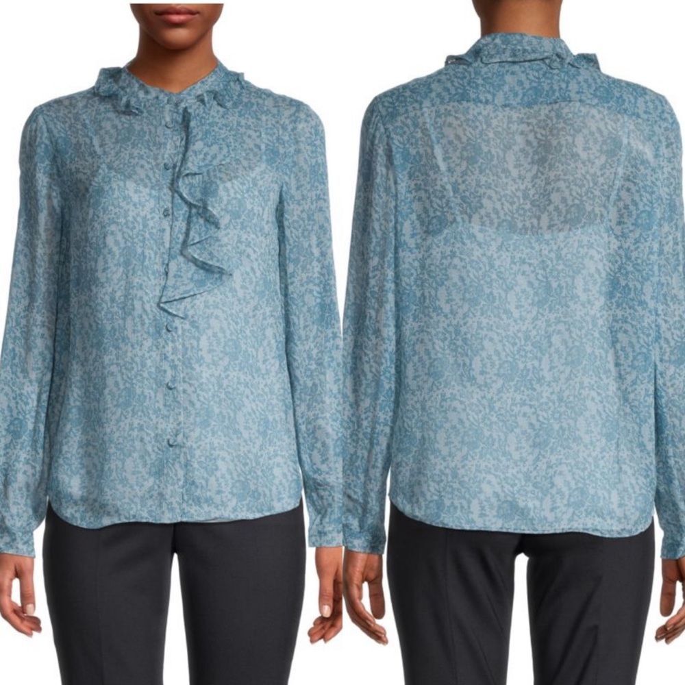 Rebecca Taylor 100% silk chiff ruffle blouse blue floral print women’s size M